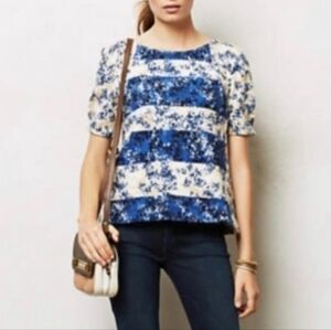 Anthropologie Postmark‎ Blue Cream Floral Top  Textured